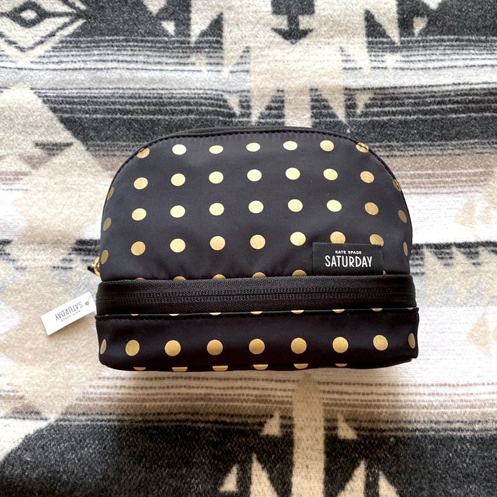 Kate Spade Saturday Gold Polka Dot Double Compartment Cosmetic Bag Pouch